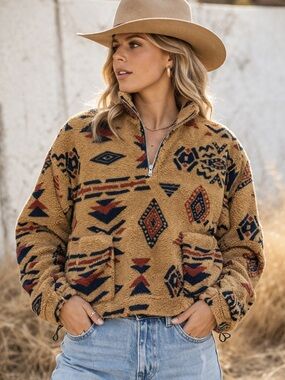 Aztec Sherpa Fleece Pullover Cropped Western Small Cozy Tribal Quarter Zip Y2K